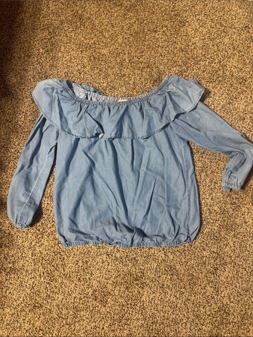 Michael Kors Light Blue Off-the-Shoulder Ruffle Top